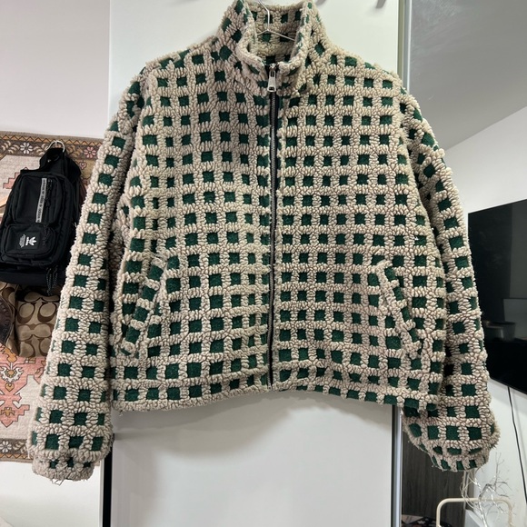 Jackets & Blazers - Cozy Green and Cream Checkered Teddy Jacket